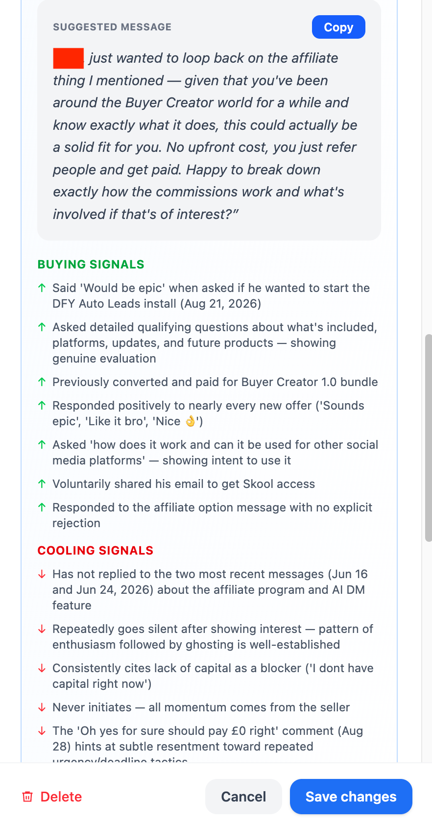 Buying signals and cooling signals extracted from the DM conversation
