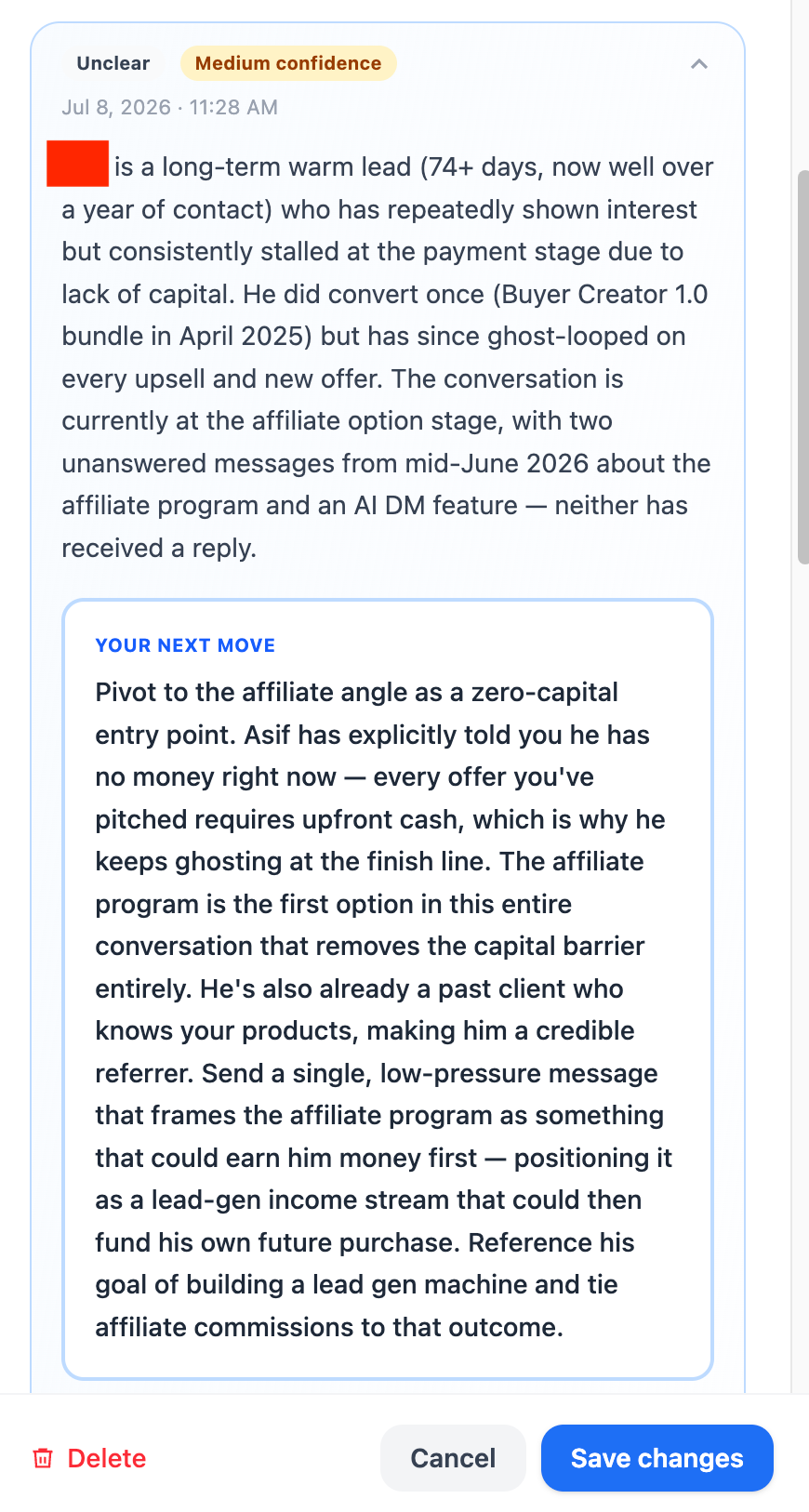 AI verdict summarizing the lead and recommending the next move