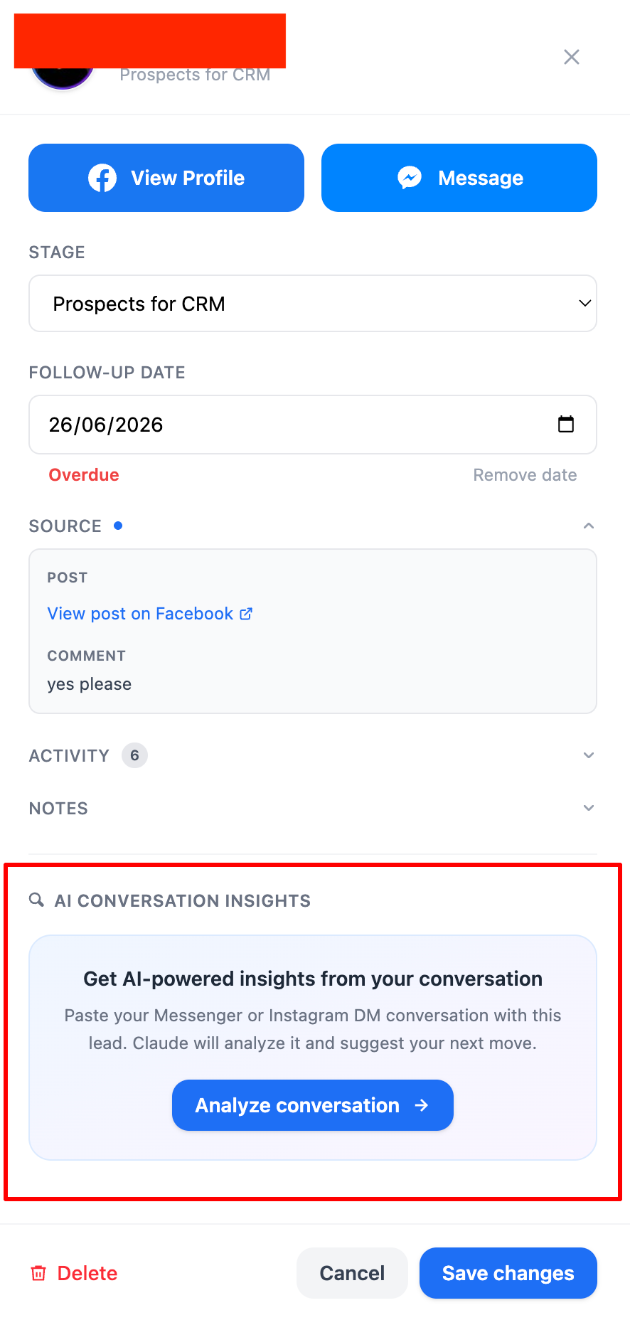 AI Conversation Insights panel inside a lead card with Analyze conversation button