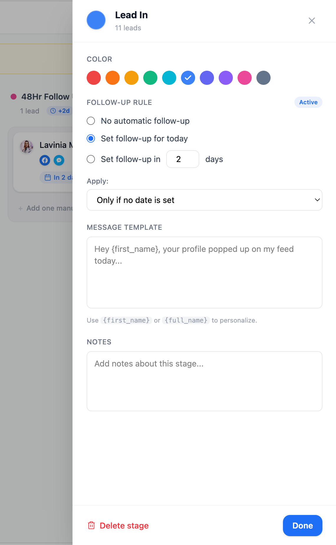Pipestack stage editor with color picker, follow-up rules, and message template