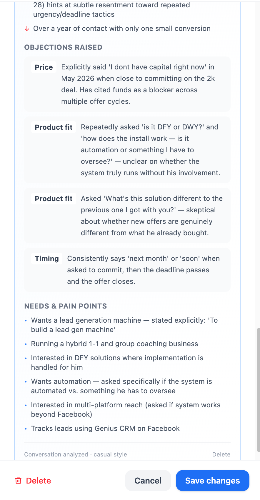 Objections categorized by price, product fit, and timing plus a suggested reply