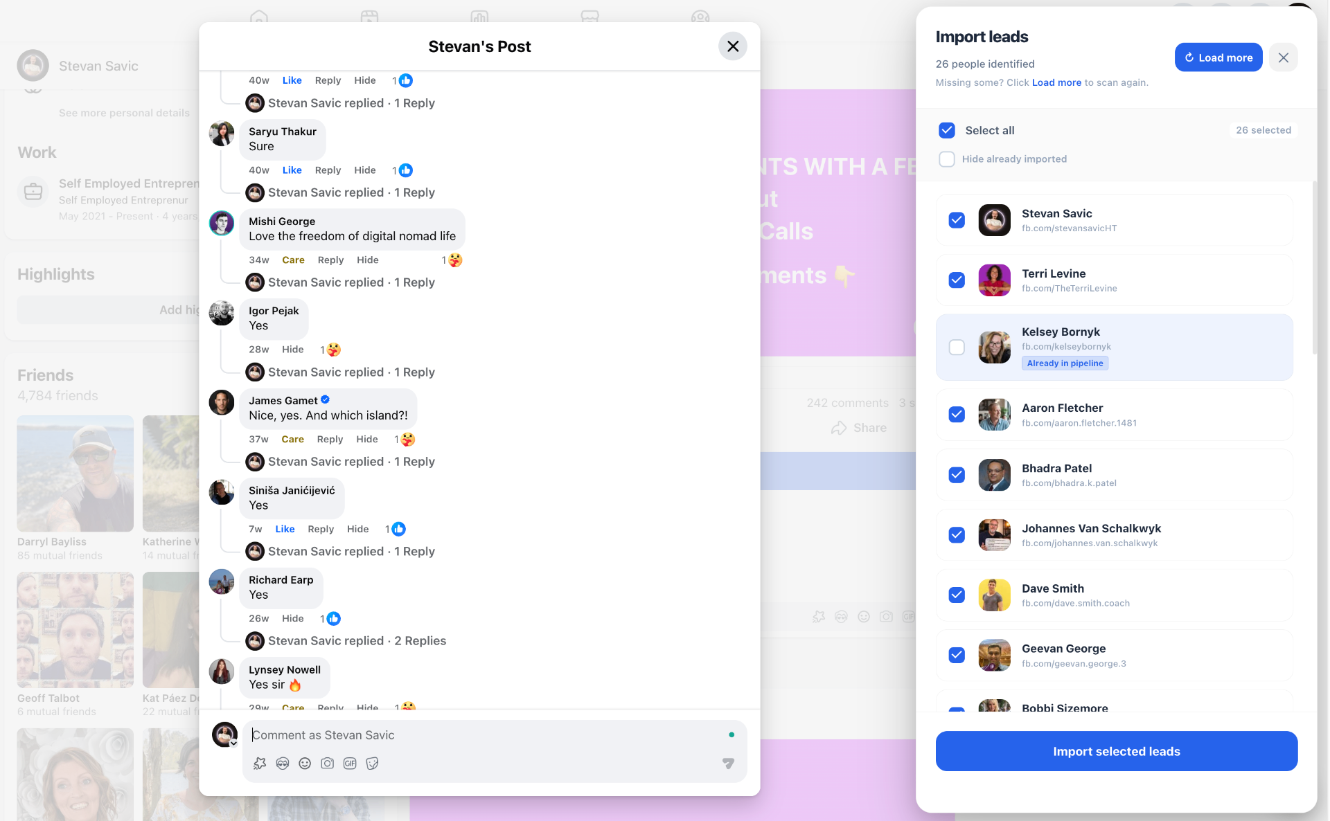 Pipestack import leads panel showing 26 people identified from a Facebook post